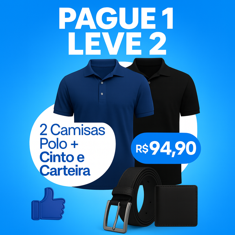 Pague 1 Leve 2 camisas polo + Cinto e carteira (primeiros 10 clientes) por R$ 94,90