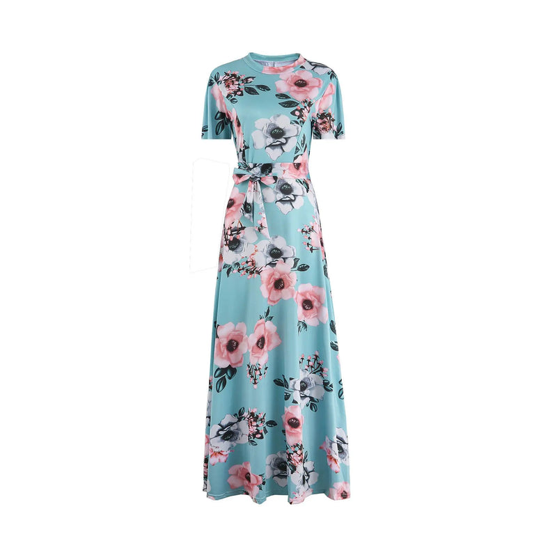 Vestidos femininos 2025 Nova Moda Verão Estampa Floral Gola Falsa Manga Curta Renda Cintura Alta Casual Vestido Longo Diário