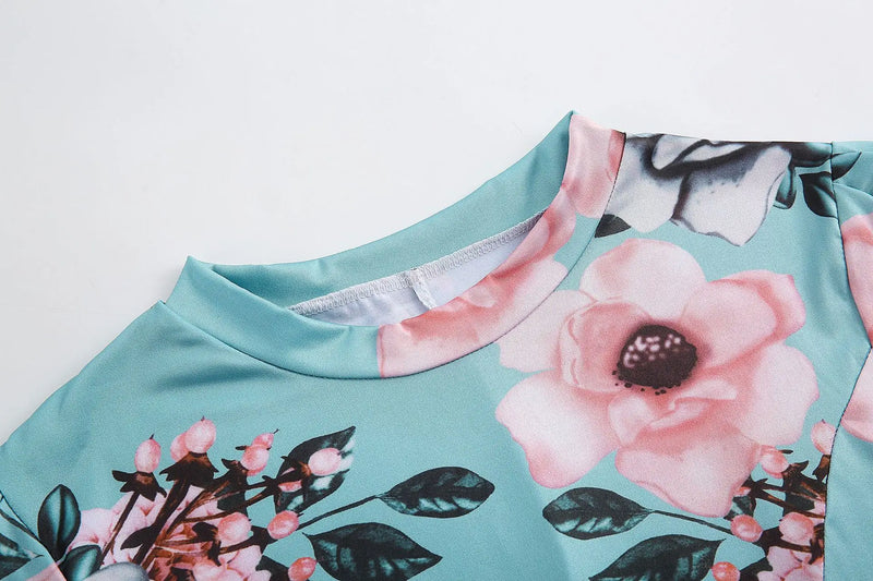 Vestidos femininos 2025 Nova Moda Verão Estampa Floral Gola Falsa Manga Curta Renda Cintura Alta Casual Vestido Longo Diário