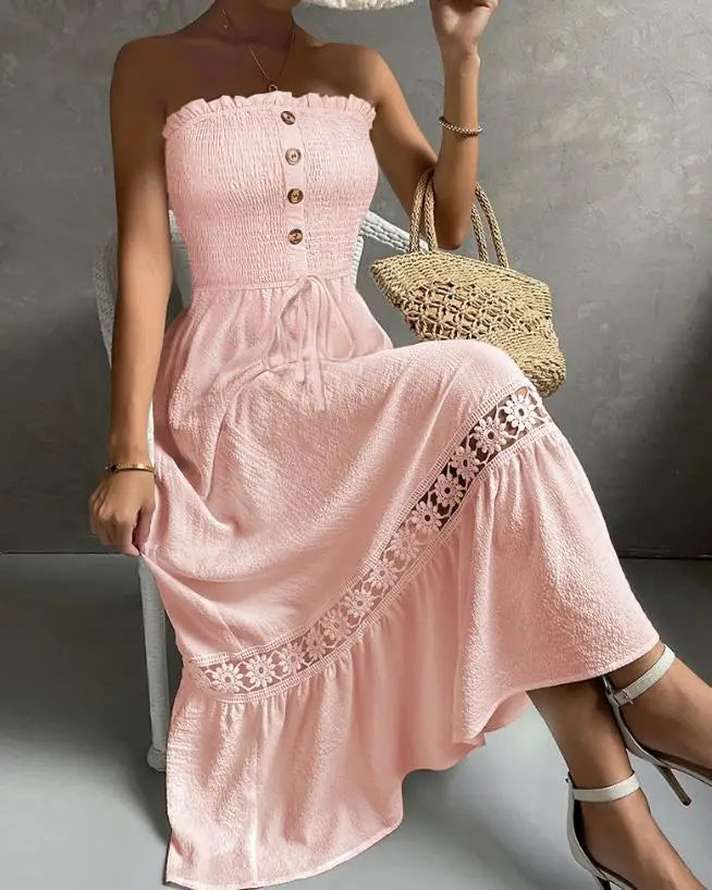 Vestidos de férias, verão, bandeau, franzido, renda, patch, maxi vestido 2025, novo, sem mangas, cintura alta, moda feminina, vestidos em linha A