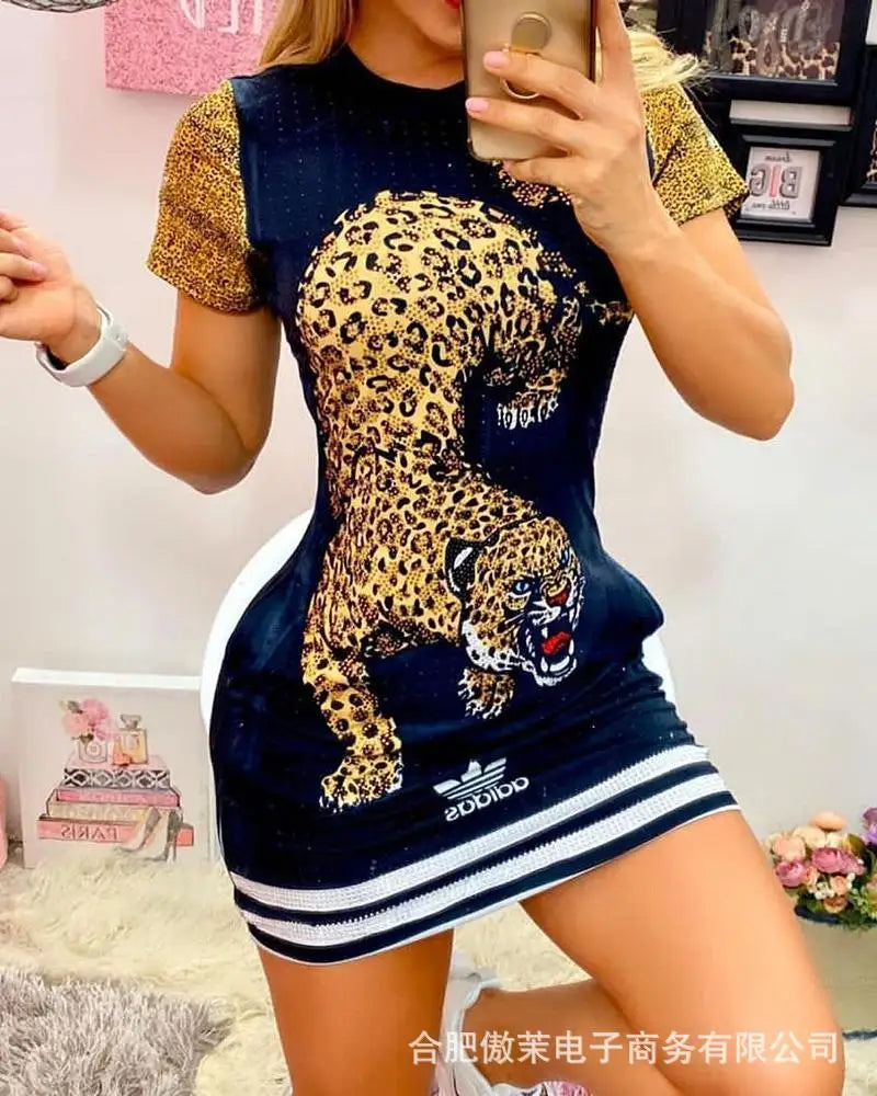 Vestido 2025 Moda Feminina Primavera Verão Transfronteiriça Europeia Americana Novo Padrão Tigre Manga Curta Justa Esportes Saia Casual