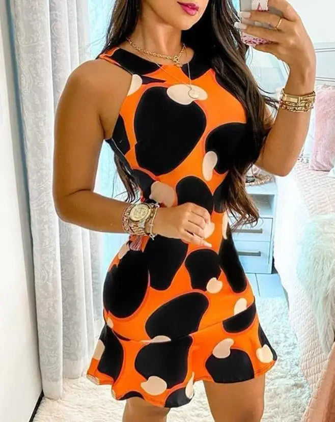 Vestidos femininos 2025 verão nova moda colorblock sem mangas gola redonda casual babados bainha slim fit linha A vestido curto diário