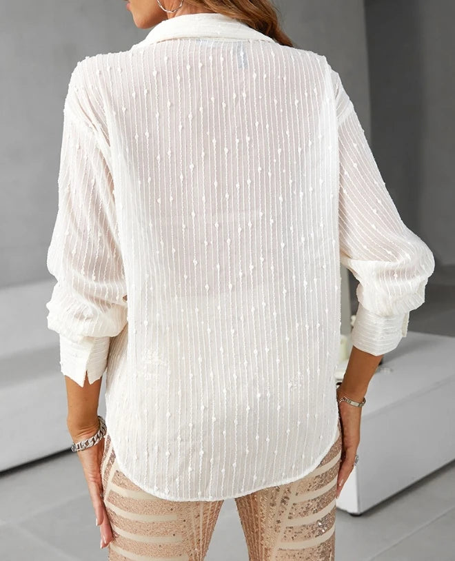 Blusas femininas da moda com bolinhas suíças, manga comprida, blusa abotoada, temperamento, camisa elegante para mulheres