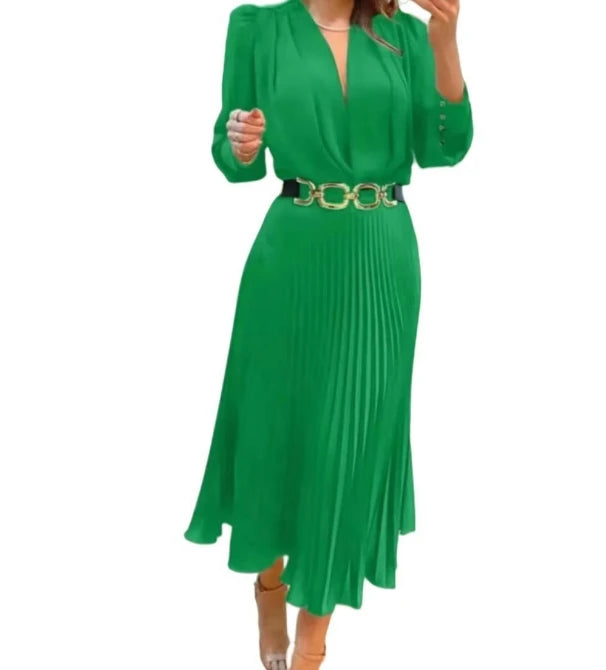 Vestido feminino elegante, cintura alta, plissado, roupa feminina para deslocamento, nova moda feminina, manga bolha, vestidos pulôver