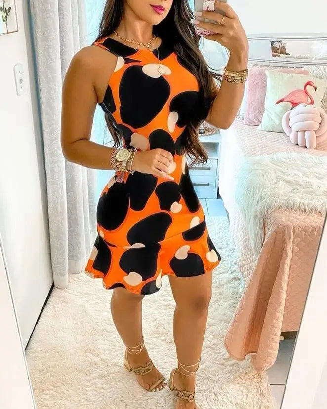 Vestidos femininos 2025 verão nova moda colorblock sem mangas gola redonda casual babados bainha slim fit linha A vestido curto diário