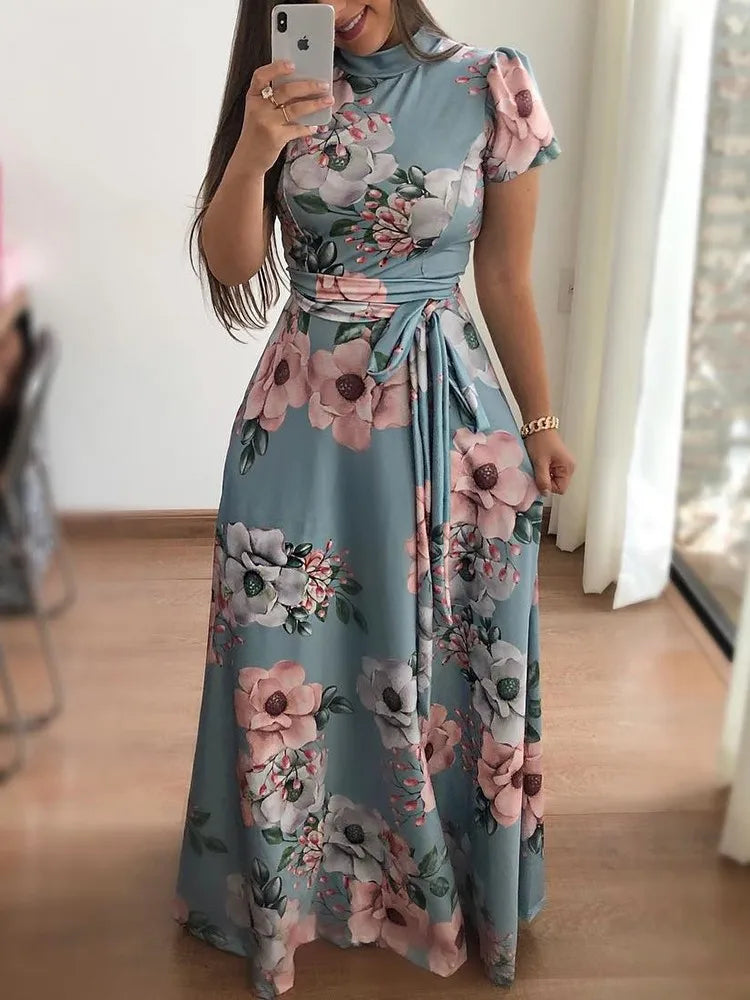 Vestidos femininos 2025 Nova Moda Verão Estampa Floral Gola Falsa Manga Curta Renda Cintura Alta Casual Vestido Longo Diário