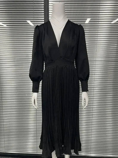 Vestido feminino elegante, cintura alta, plissado, roupa feminina para deslocamento, nova moda feminina, manga bolha, vestidos pulôver