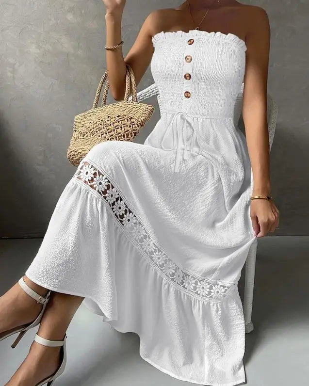 Vestidos de férias, verão, bandeau, franzido, renda, patch, maxi vestido 2025, novo, sem mangas, cintura alta, moda feminina, vestidos em linha A
