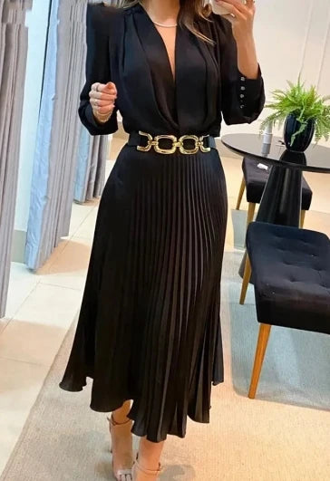 Vestido feminino elegante, cintura alta, plissado, roupa feminina para deslocamento, nova moda feminina, manga bolha, vestidos pulôver