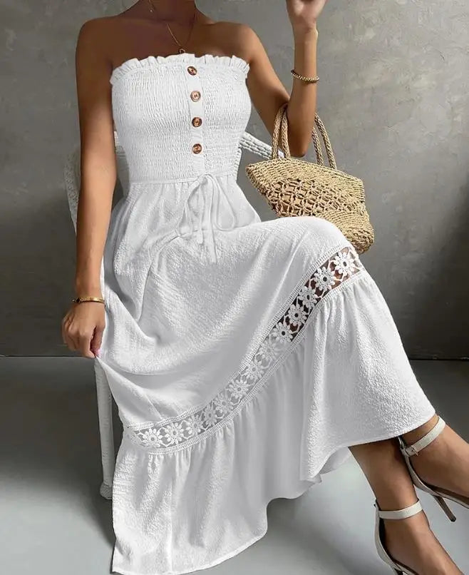 Vestidos de férias, verão, bandeau, franzido, renda, patch, maxi vestido 2025, novo, sem mangas, cintura alta, moda feminina, vestidos em linha A
