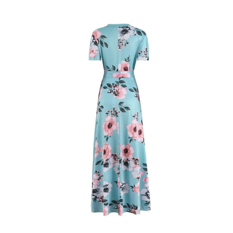 Vestidos femininos 2025 Nova Moda Verão Estampa Floral Gola Falsa Manga Curta Renda Cintura Alta Casual Vestido Longo Diário