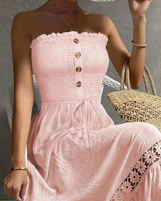 Vestidos de férias, verão, bandeau, franzido, renda, patch, maxi vestido 2025, novo, sem mangas, cintura alta, moda feminina, vestidos em linha A