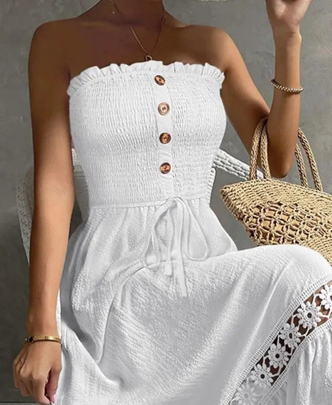 Vestidos de férias, verão, bandeau, franzido, renda, patch, maxi vestido 2025, novo, sem mangas, cintura alta, moda feminina, vestidos em linha A