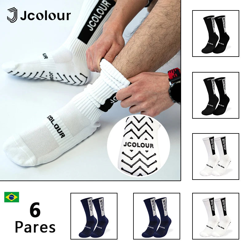 6 pares, meias esportivas antiderrapantes, meias de treino, meias de ciclismo de tubo médio, futebol, corrida, fitness, poliamida